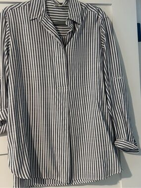 Max Studio Blue and White Striped Adjustable Sleeve Shirt